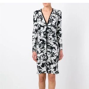 Roberto Cavalli Black & White Floral V-Neck Long-Sleeve Knee Length Size 46